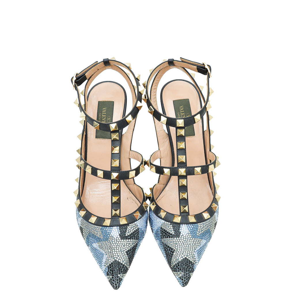 Valentino Bicolor Rockstud Camo Crystal Slingback Pump 38