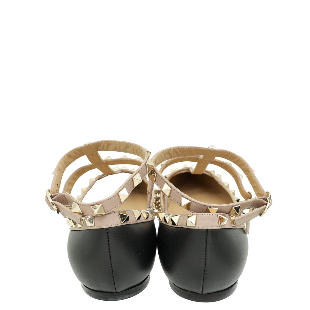 Valentino Black Rockstud Caged Ankle Strap Flat Ballerina 39.5