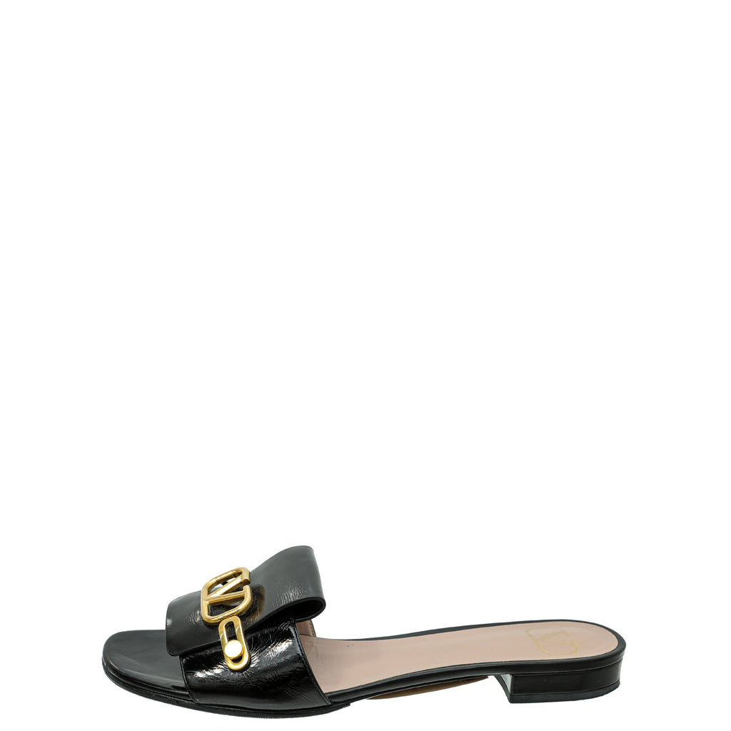 Valentino Black Shiny VLogo Flat Slide Sandal 39.5