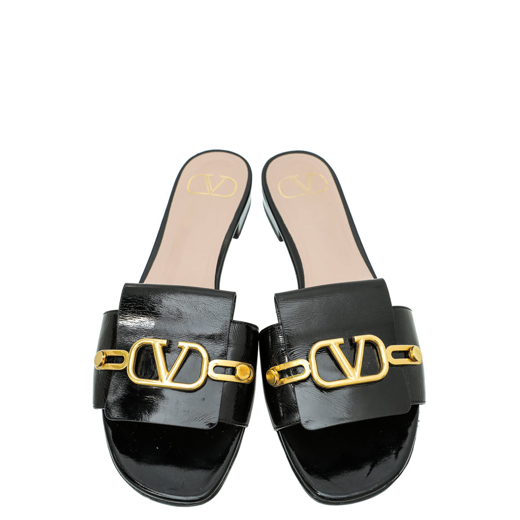 Valentino Black Shiny VLogo Flat Slide Sandal 39.5