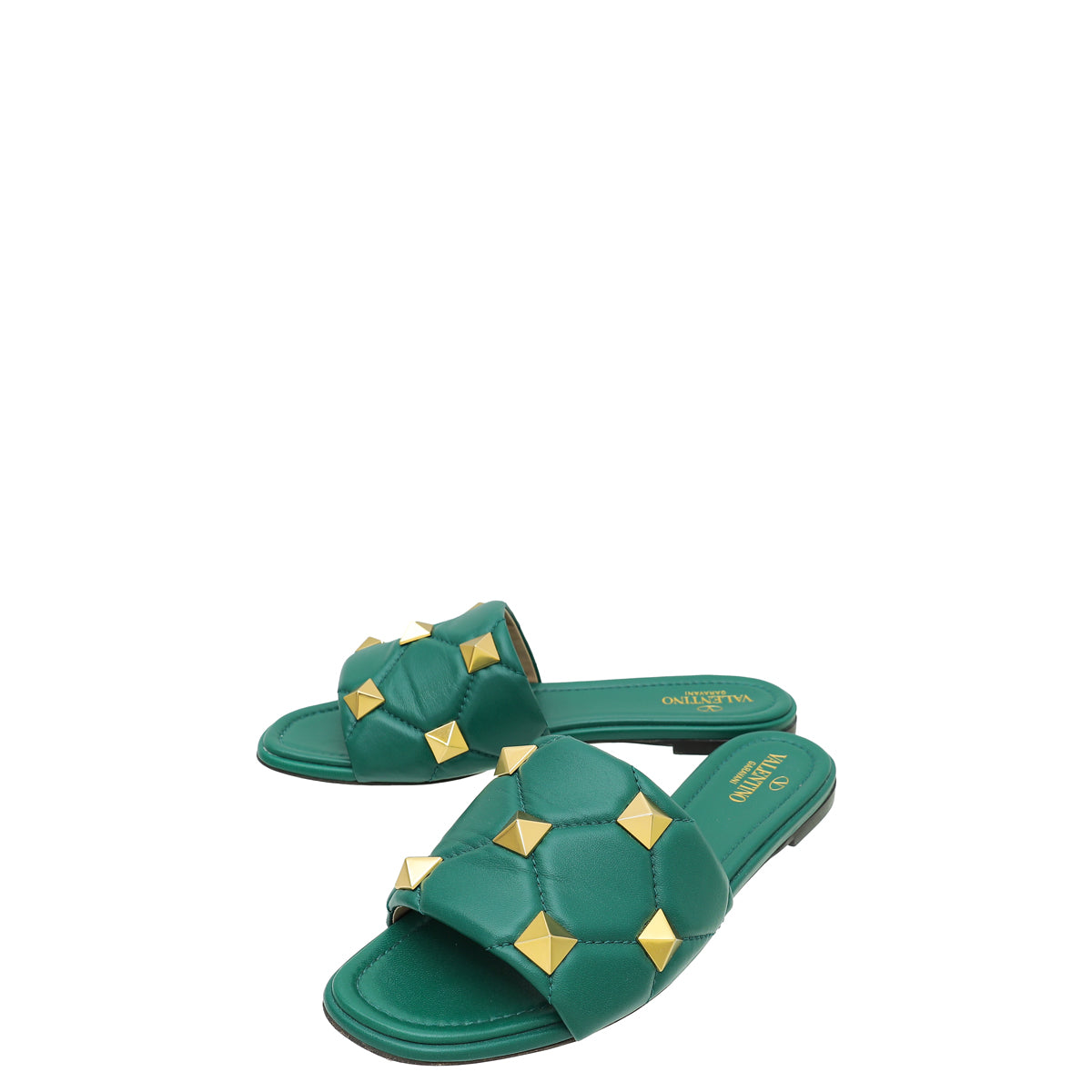 Valentino Green Roman Stud Flat Slide Sandals 39