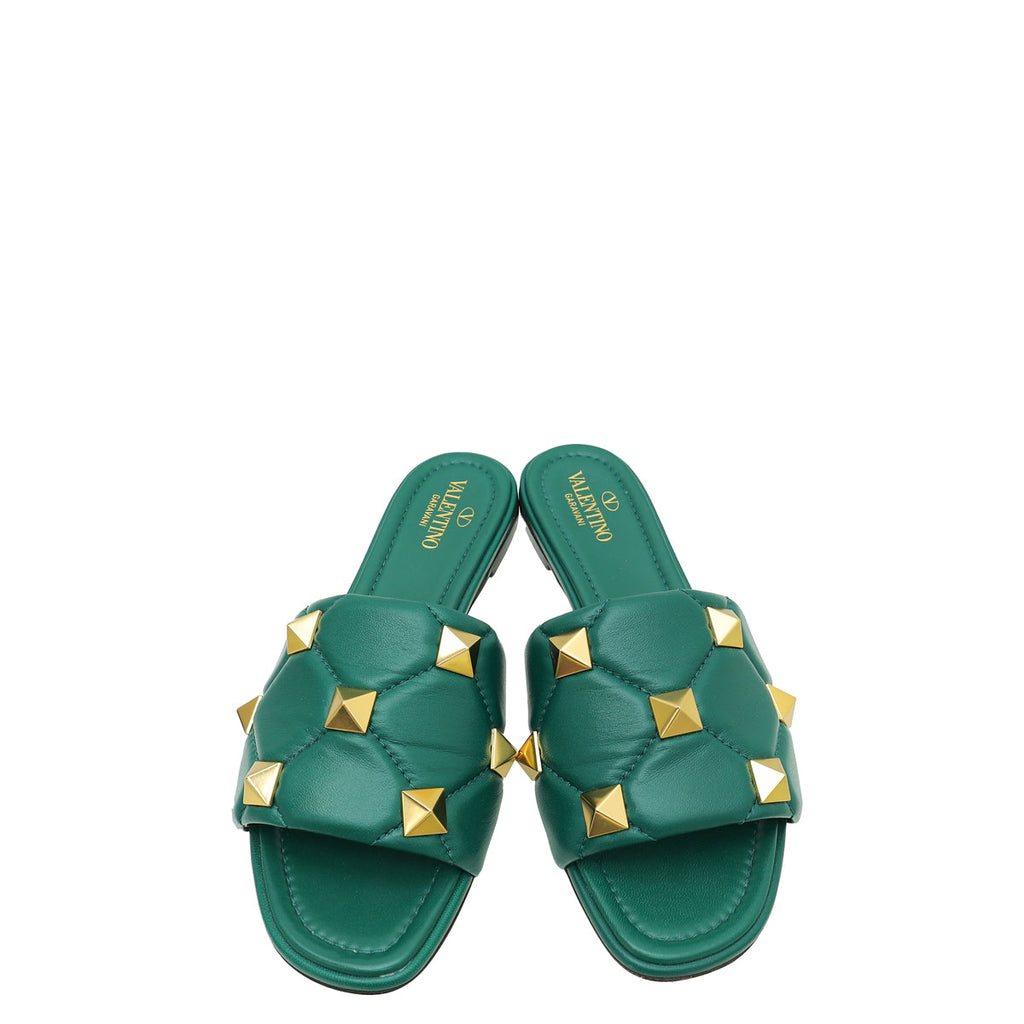 Valentino Green Roman Stud Flat Slide Sandals 39