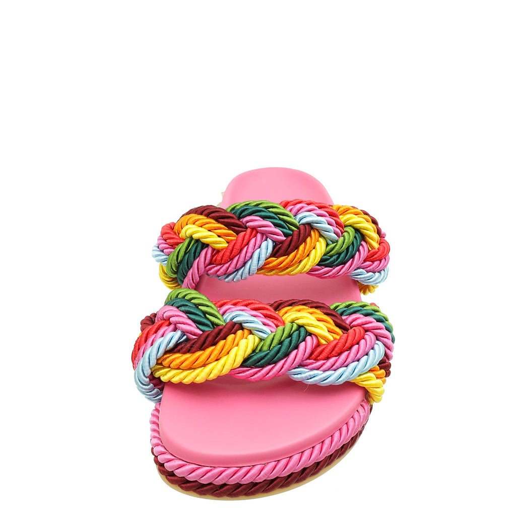 Valentino Pink Multicolor Rockstud Rope Flat Sandal 39