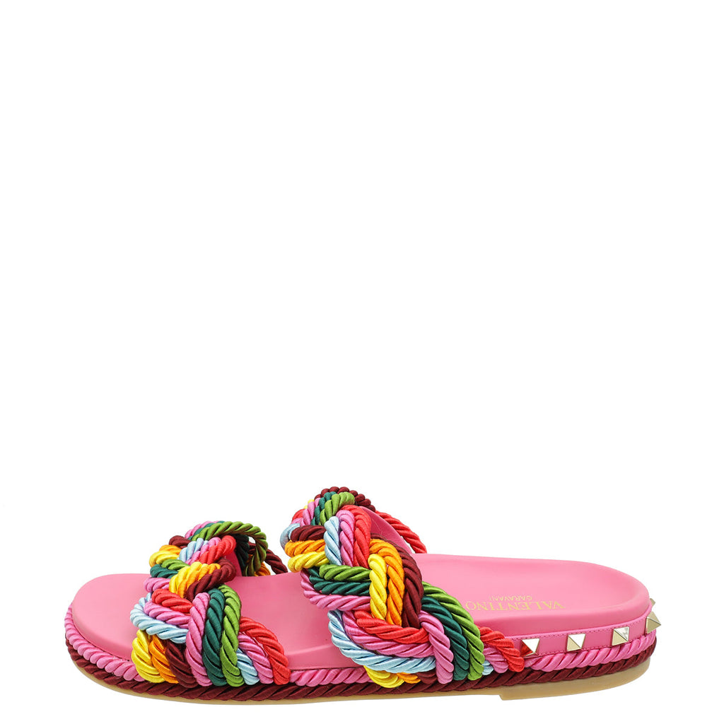 Valentino Pink Multicolor Rockstud Rope Flat Sandal 39