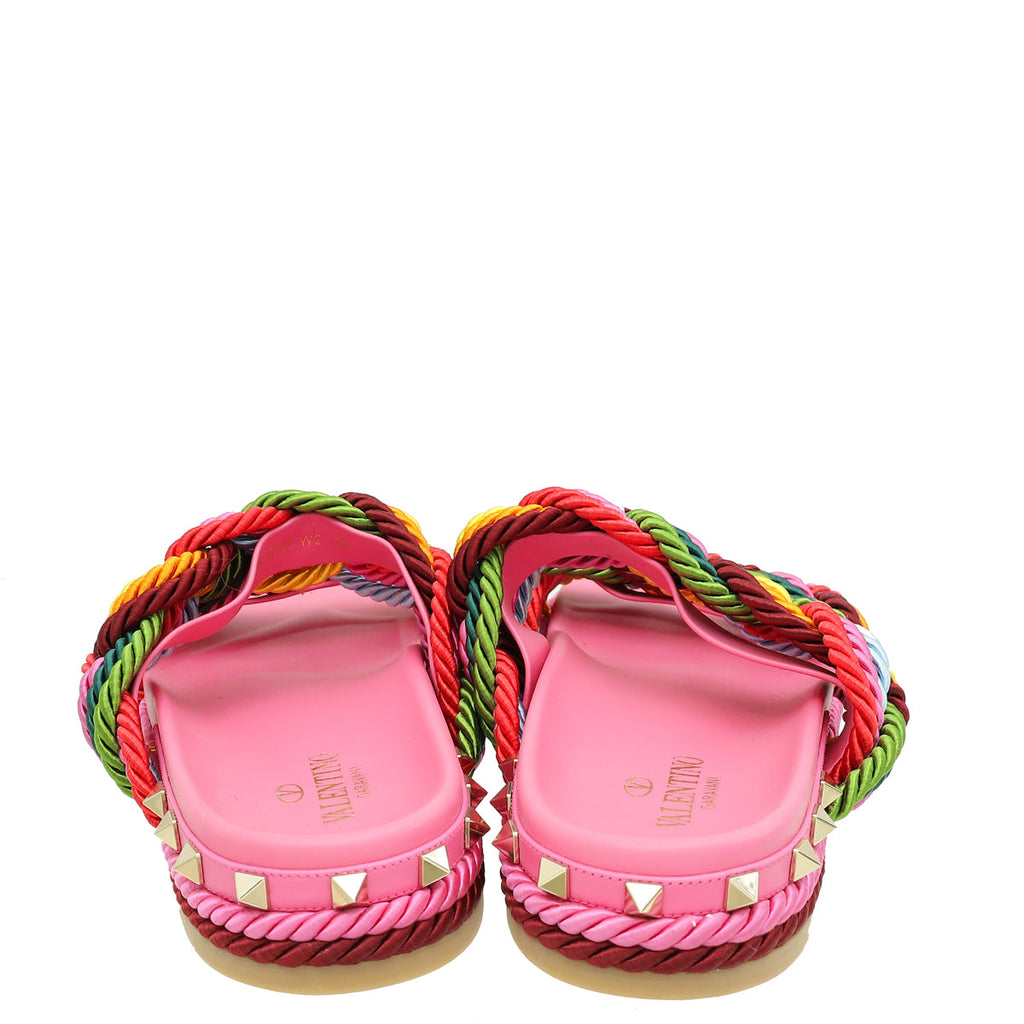 Valentino Pink Multicolor Rockstud Rope Flat Sandal 39