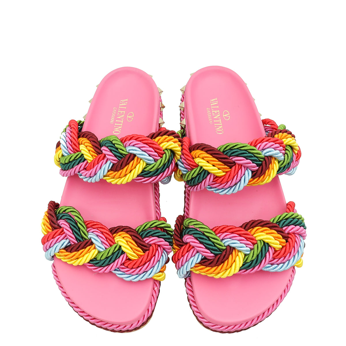 Valentino Pink Multicolor Rockstud Rope Flat Sandal 39