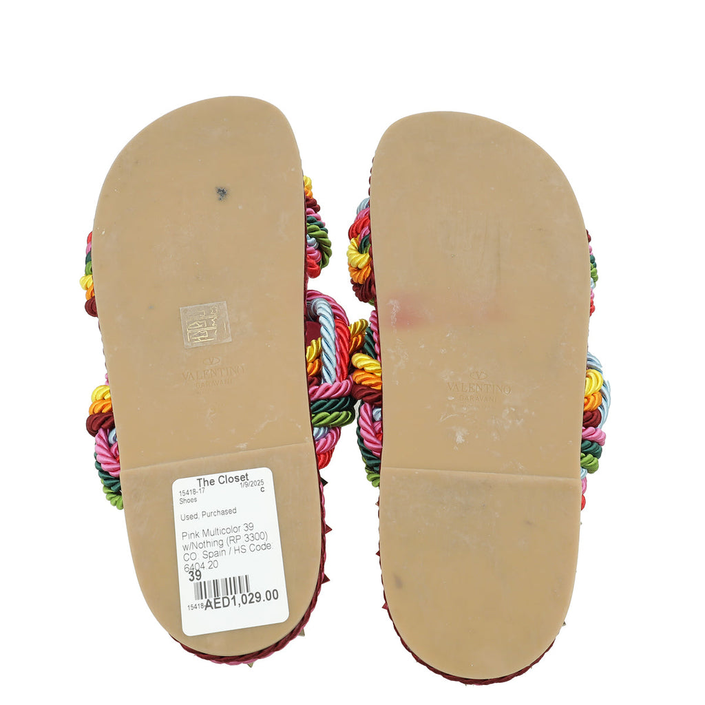 Valentino Pink Multicolor Rockstud Rope Flat Sandal 39