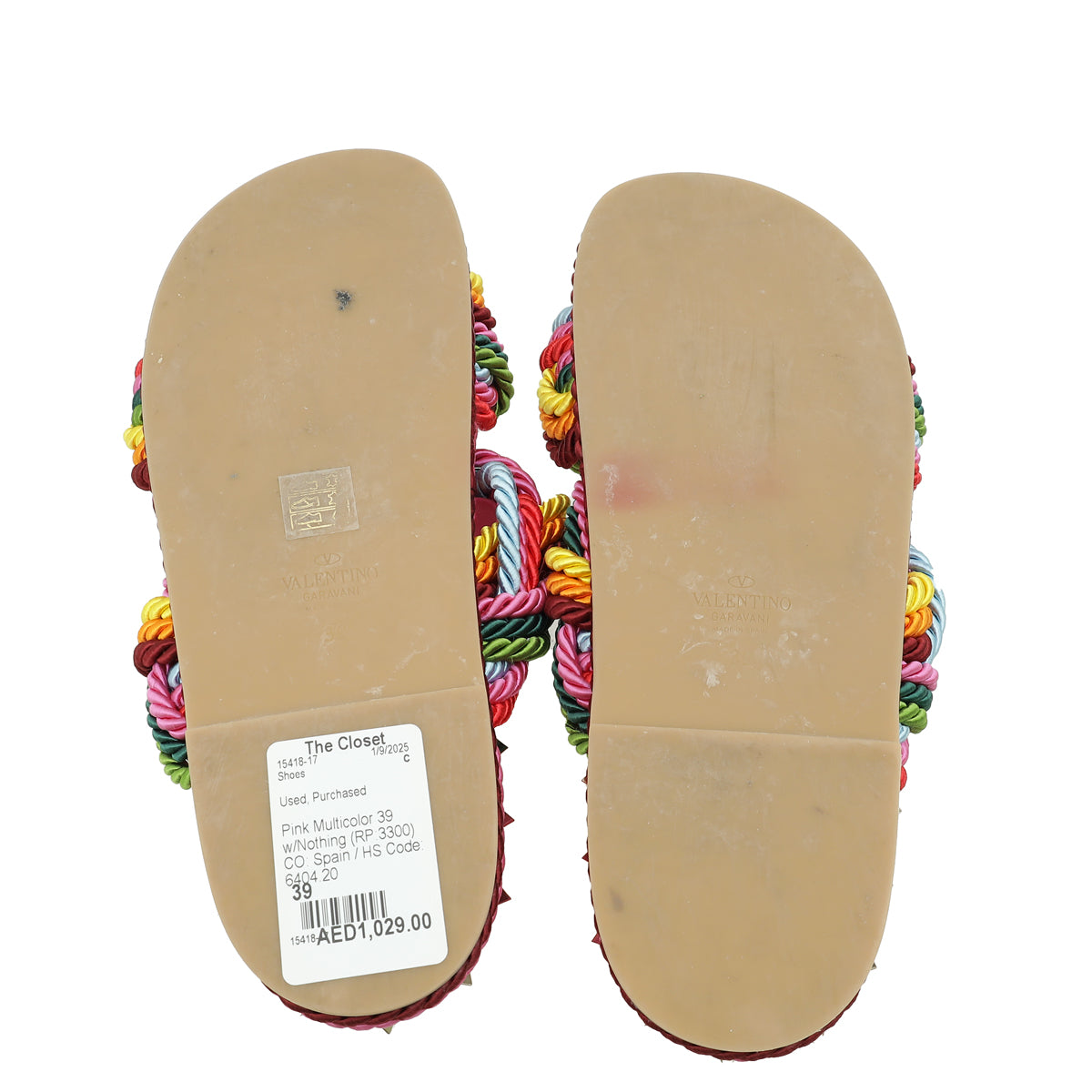 Valentino Pink Multicolor Rockstud Rope Flat Sandal 39