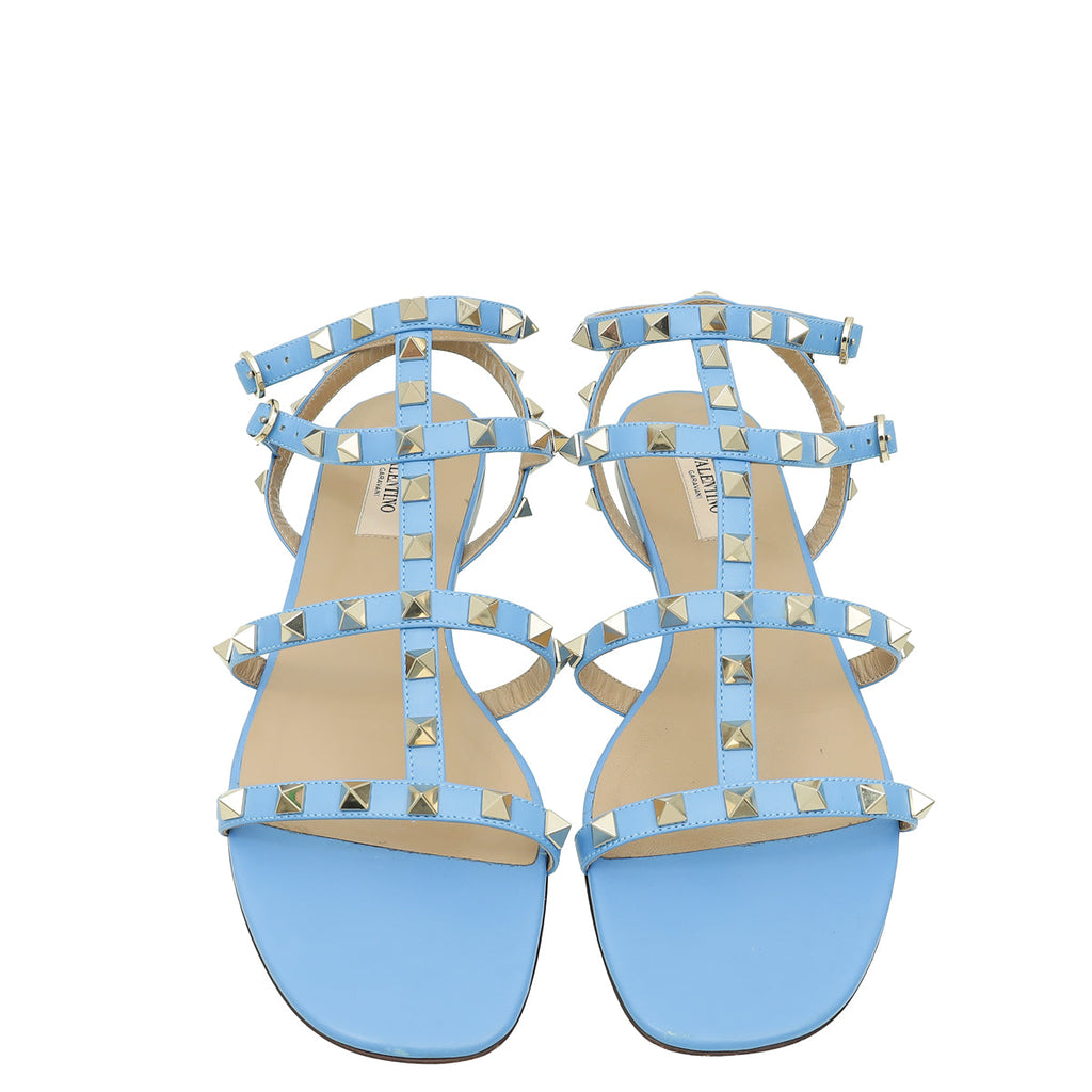 Valentino Light Blue Rockstud Caged Slingback Ankle Strap Flats 39