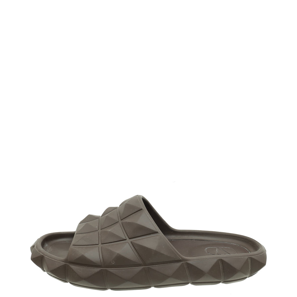 Valentino Dark Brown Rubber Roman Stud Turtle Slide Sandal 42