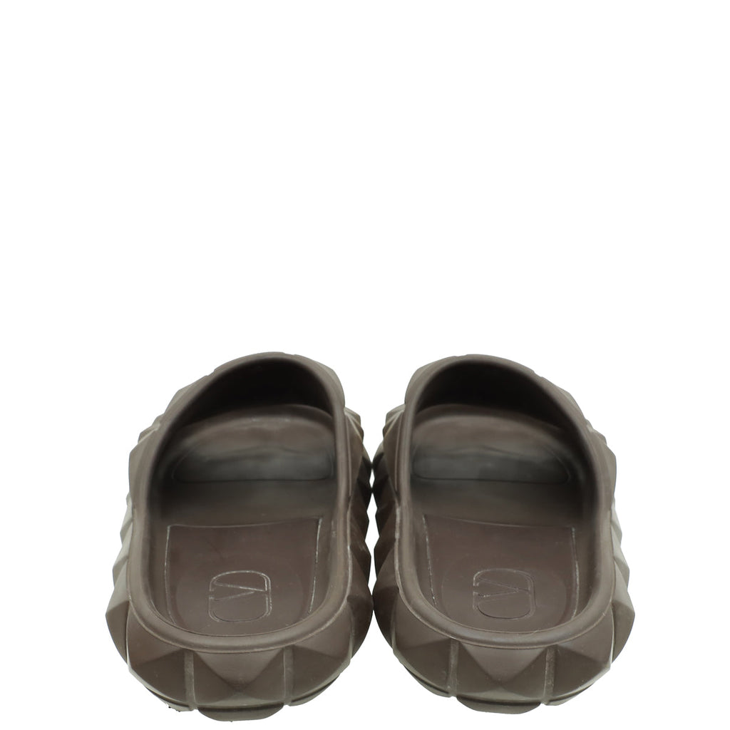 Valentino Dark Brown Rubber Roman Stud Turtle Slide Sandal 42