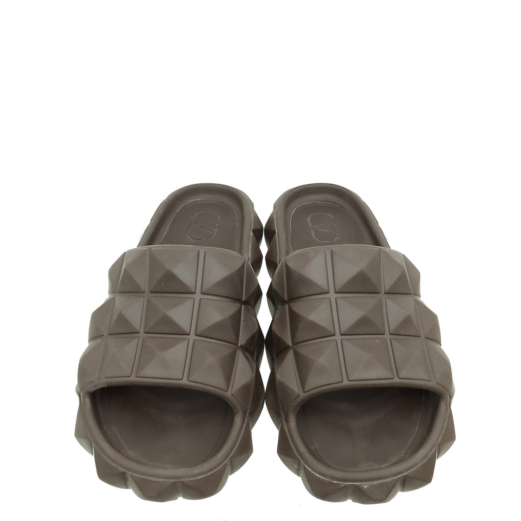 Valentino Dark Brown Rubber Roman Stud Turtle Slide Sandal 42
