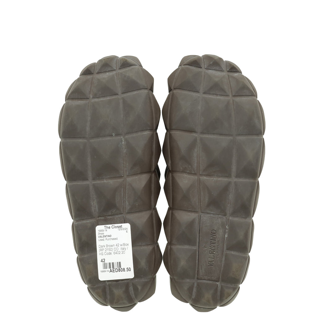 Valentino Dark Brown Rubber Roman Stud Turtle Slide Sandal 42