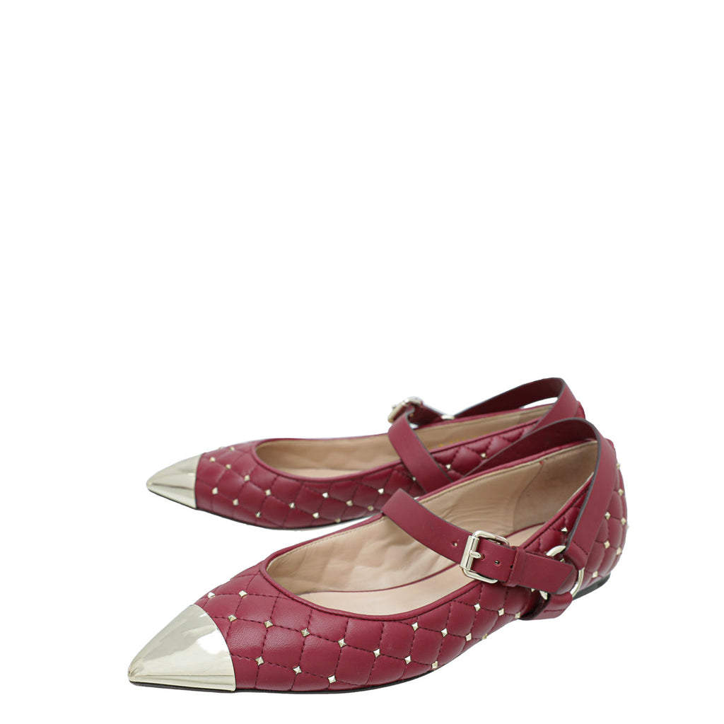 Valentino Burgundy Rockstud Spike Mary Jane Ballet Flats 37