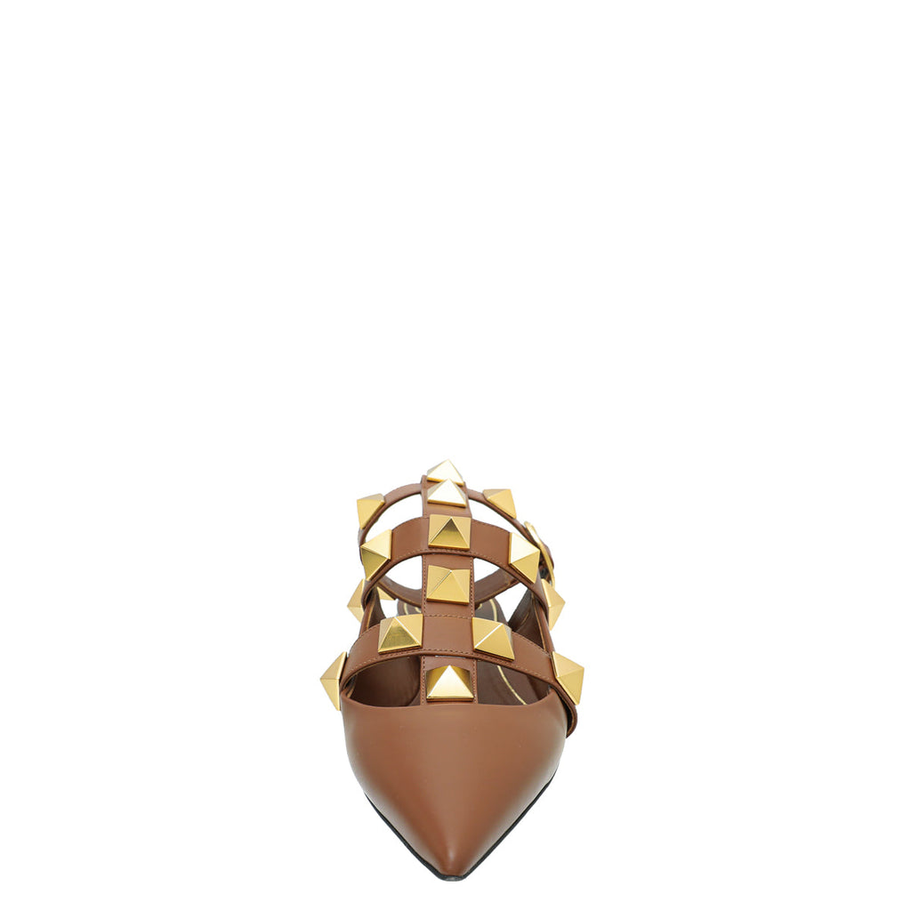Valentino Brown Roman Stud Ankle Strap Flat Mules 40