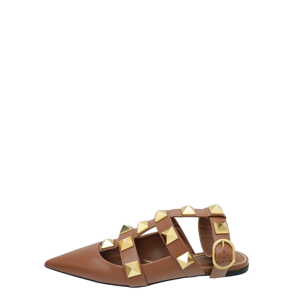 Valentino Brown Roman Stud Ankle Strap Flat Mules 40
