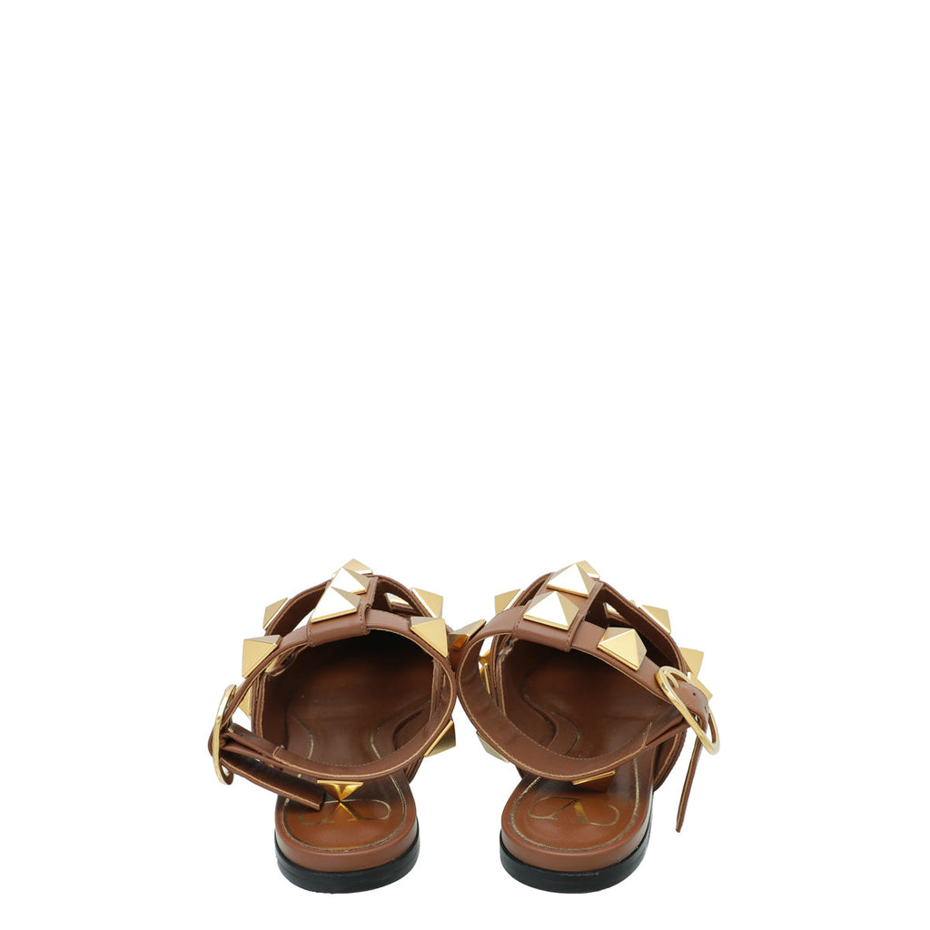 Valentino Brown Roman Stud Ankle Strap Flat Mules 40