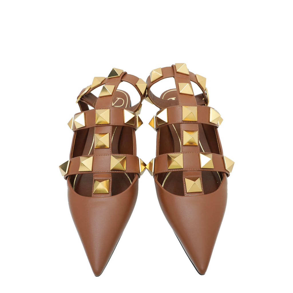 Valentino Brown Roman Stud Ankle Strap Flat Mules 40