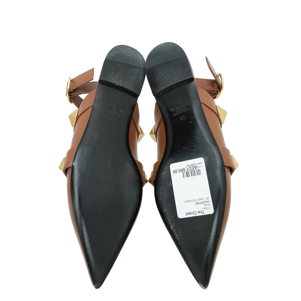 Valentino Brown Roman Stud Ankle Strap Flat Mules 40