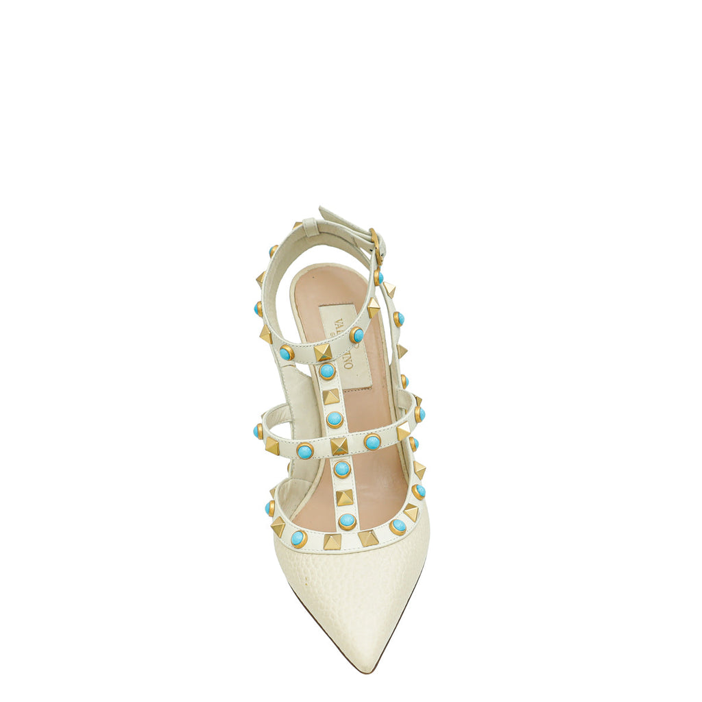 Valentino Ivory Rolling Rockstud Ankle Strap Pump 35