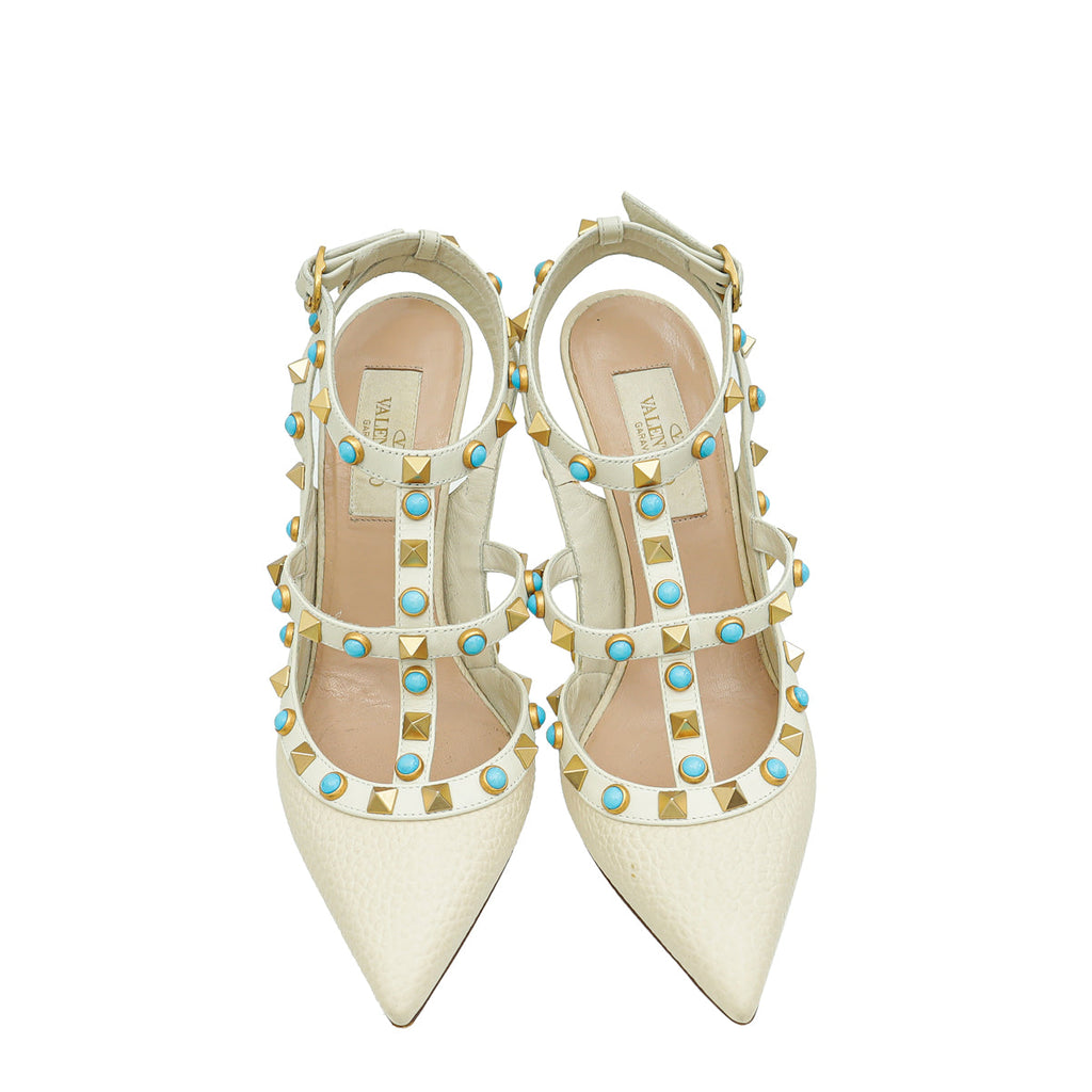 Valentino Ivory Rolling Rockstud Ankle Strap Pump 35