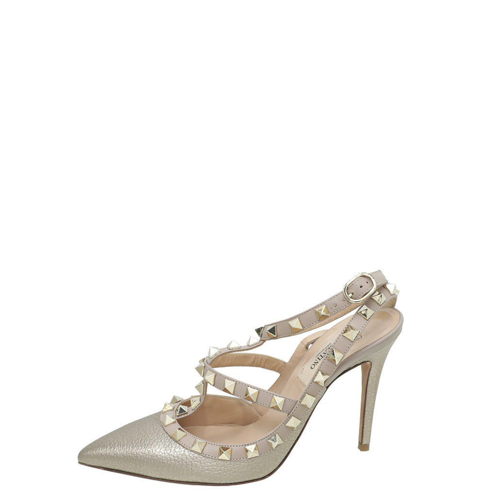 Valentino Metallic Champagne Rockstud Caged Ankle Strap Pumps 35