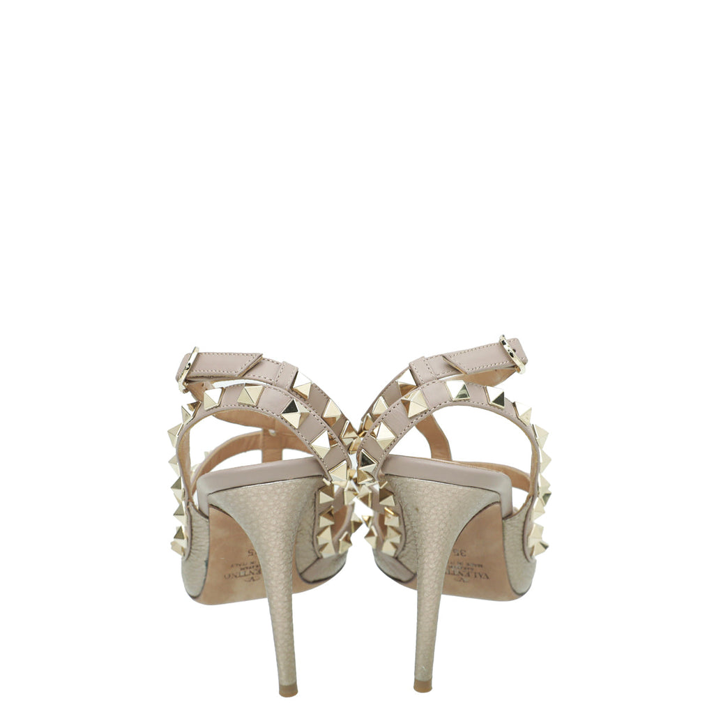 Valentino Metallic Champagne Rockstud Caged Ankle Strap Pumps 35