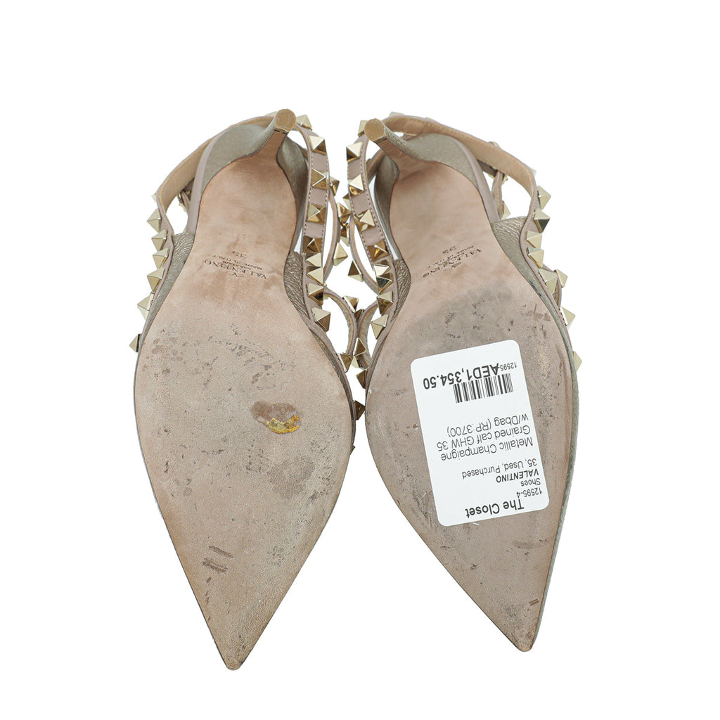 Valentino Metallic Champagne Rockstud Caged Ankle Strap Pumps 35