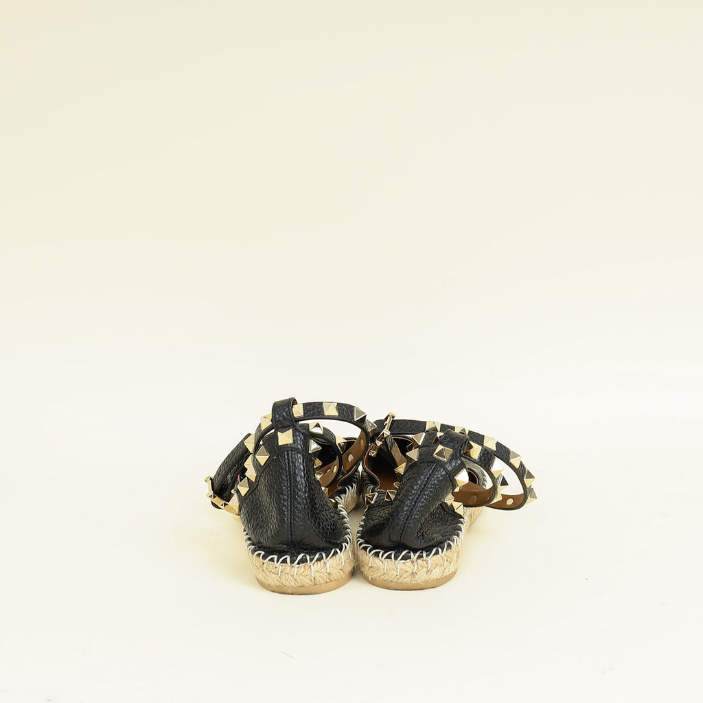 Valentino Black Rockstud Ankle Strap Flat Espadrille 35