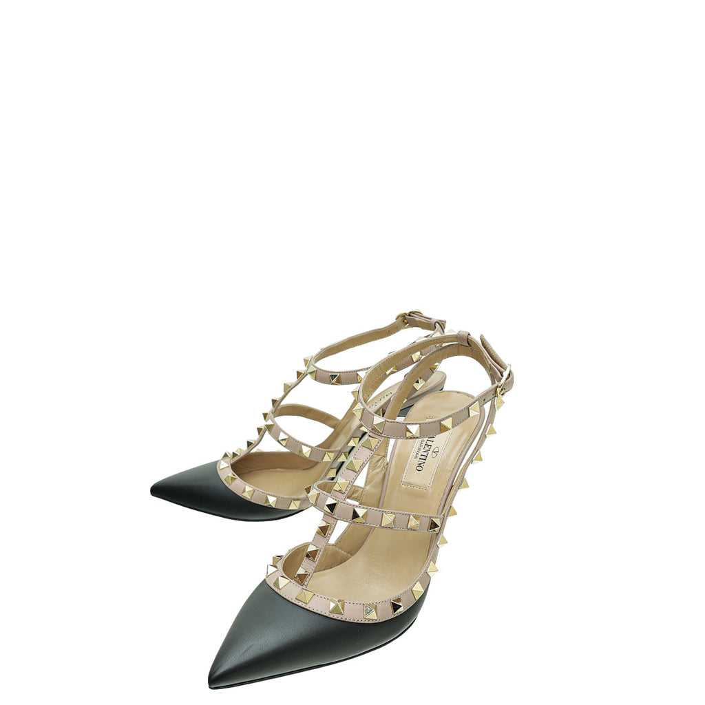 Valentino Bicolor Rockstud Caged Ankle Strap Pumps 37