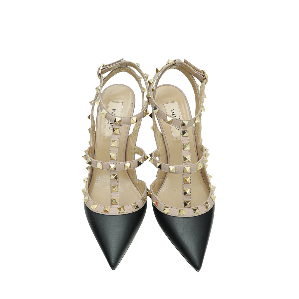 Valentino Bicolor Rockstud Caged Ankle Strap Pumps 37