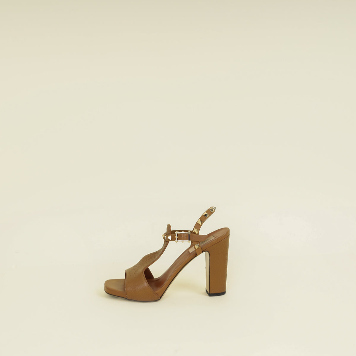 Valentino Brown T Strap Rockstud Block Sandals 37.5