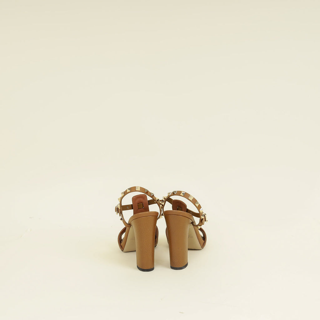 Valentino Brown T Strap Rockstud Block Sandals 37.5