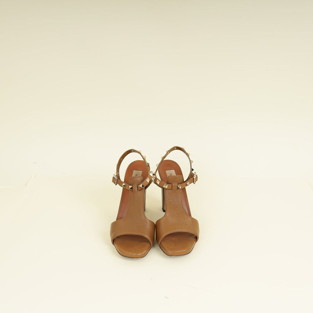 Valentino Brown T Strap Rockstud Block Sandals 37.5