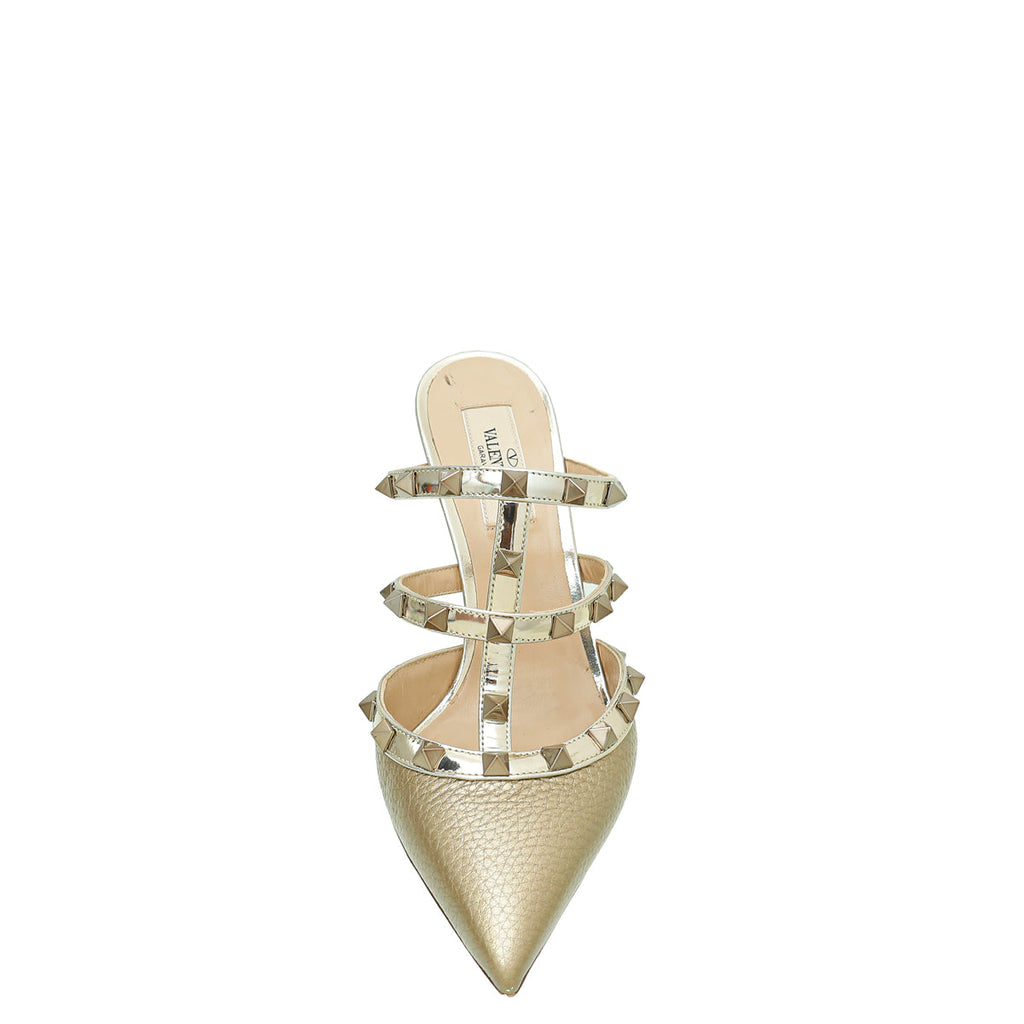 Valentino Metallic Champagne Caged Rockstud Heeled Mules 37