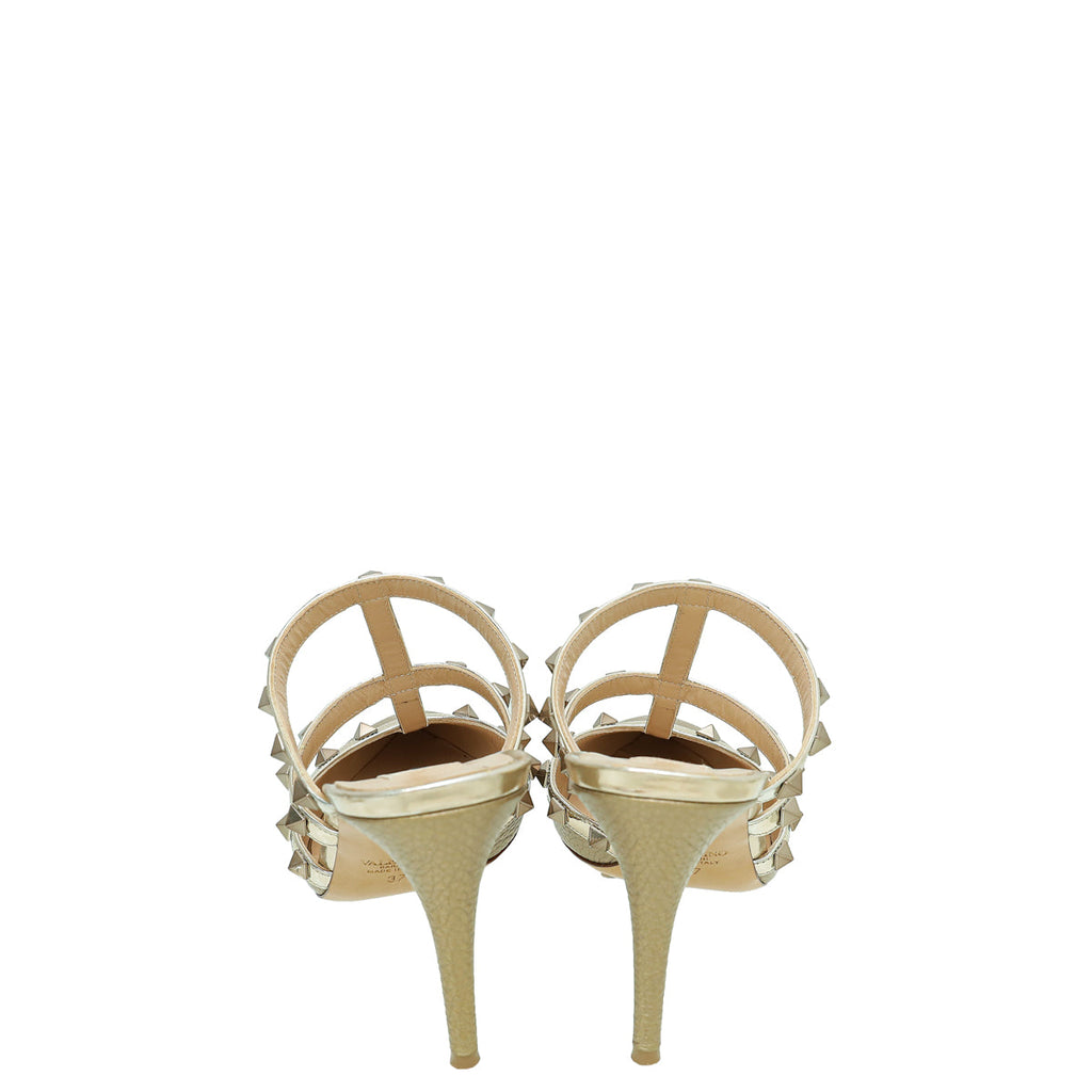 Valentino Metallic Champagne Caged Rockstud Heeled Mules 37