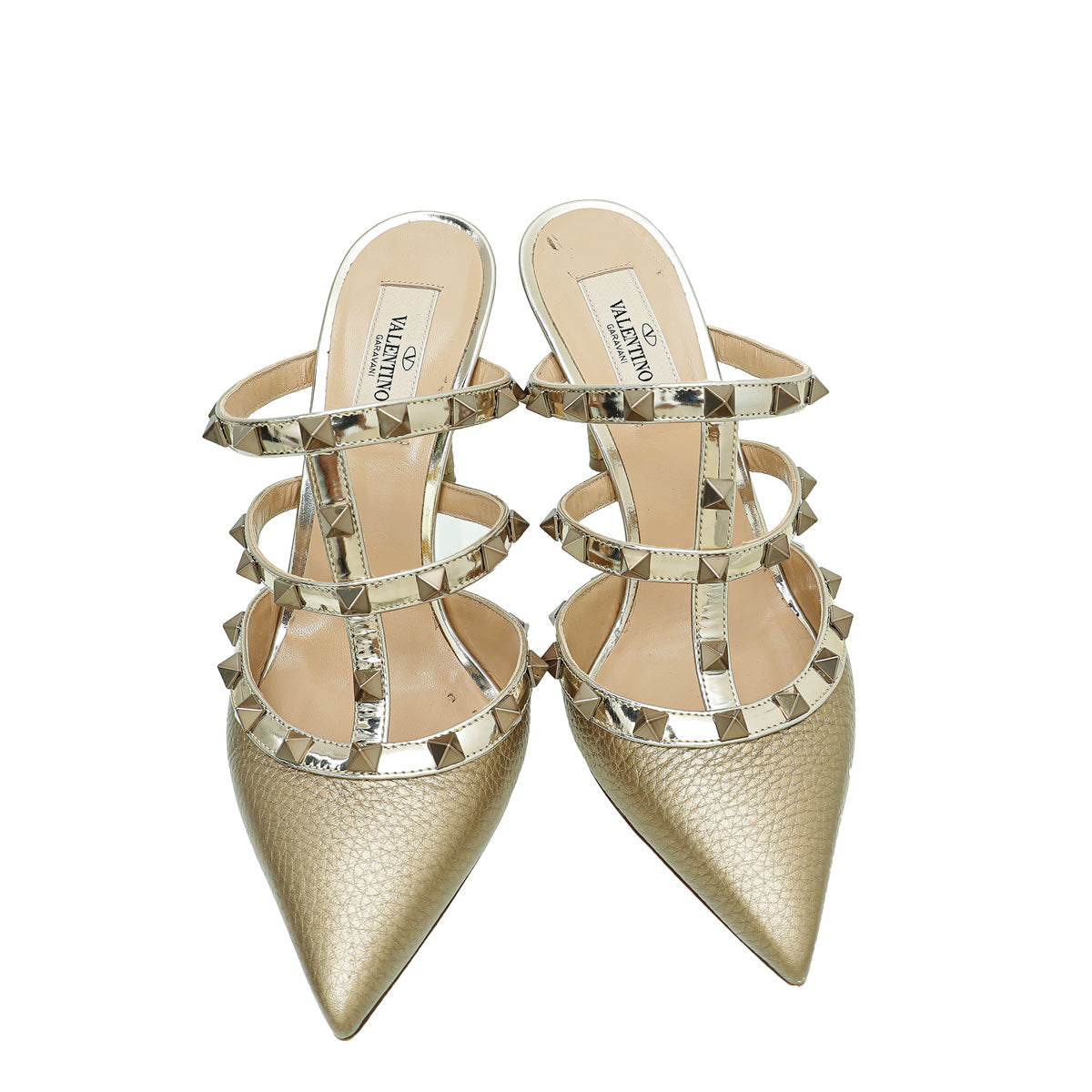 Valentino Metallic Champagne Caged Rockstud Heeled Mules 37