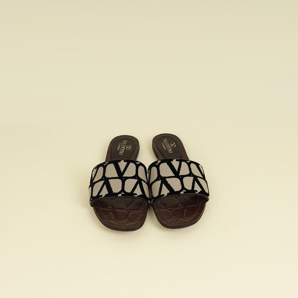 Valentino Tricolor Toile Iconographe Flat Slide Sandals 37