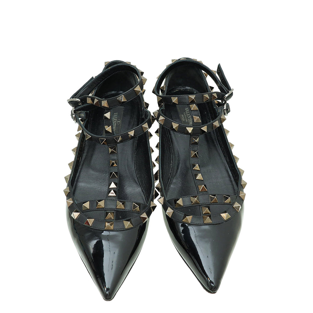 Valentino Black Rockstud Caged Ankle Strap Ballerina 39