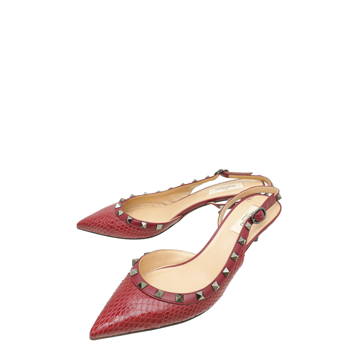 Valentino Burgundy Python Embossed Rockstud Slingback Pump 39