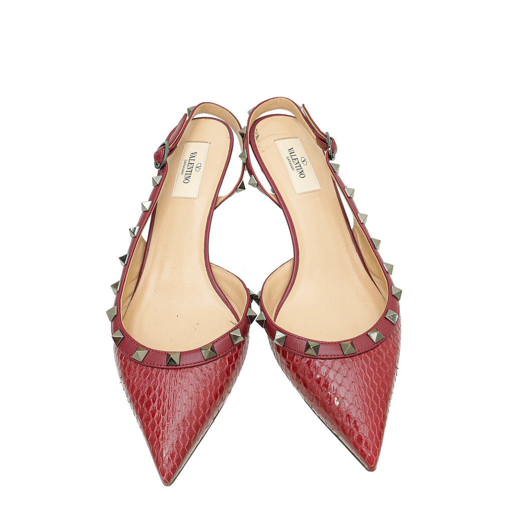 Valentino Burgundy Python Embossed Rockstud Slingback Pump 39
