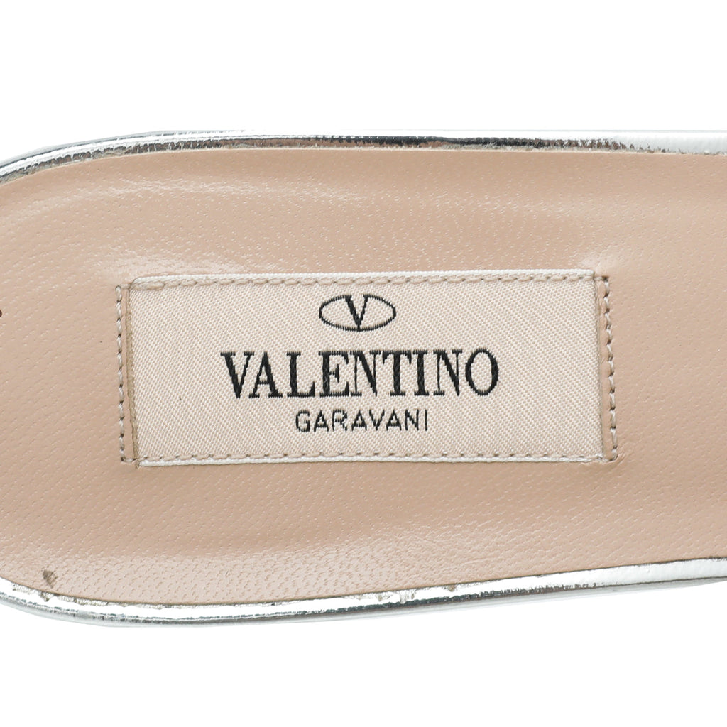 Valentino Metallic Silver Rockstud Slide Sandals 39