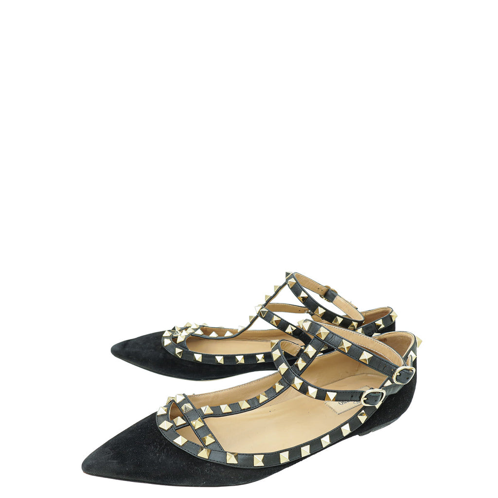 Valentino Black Rockstud Caged Ankle Strap Flats 40