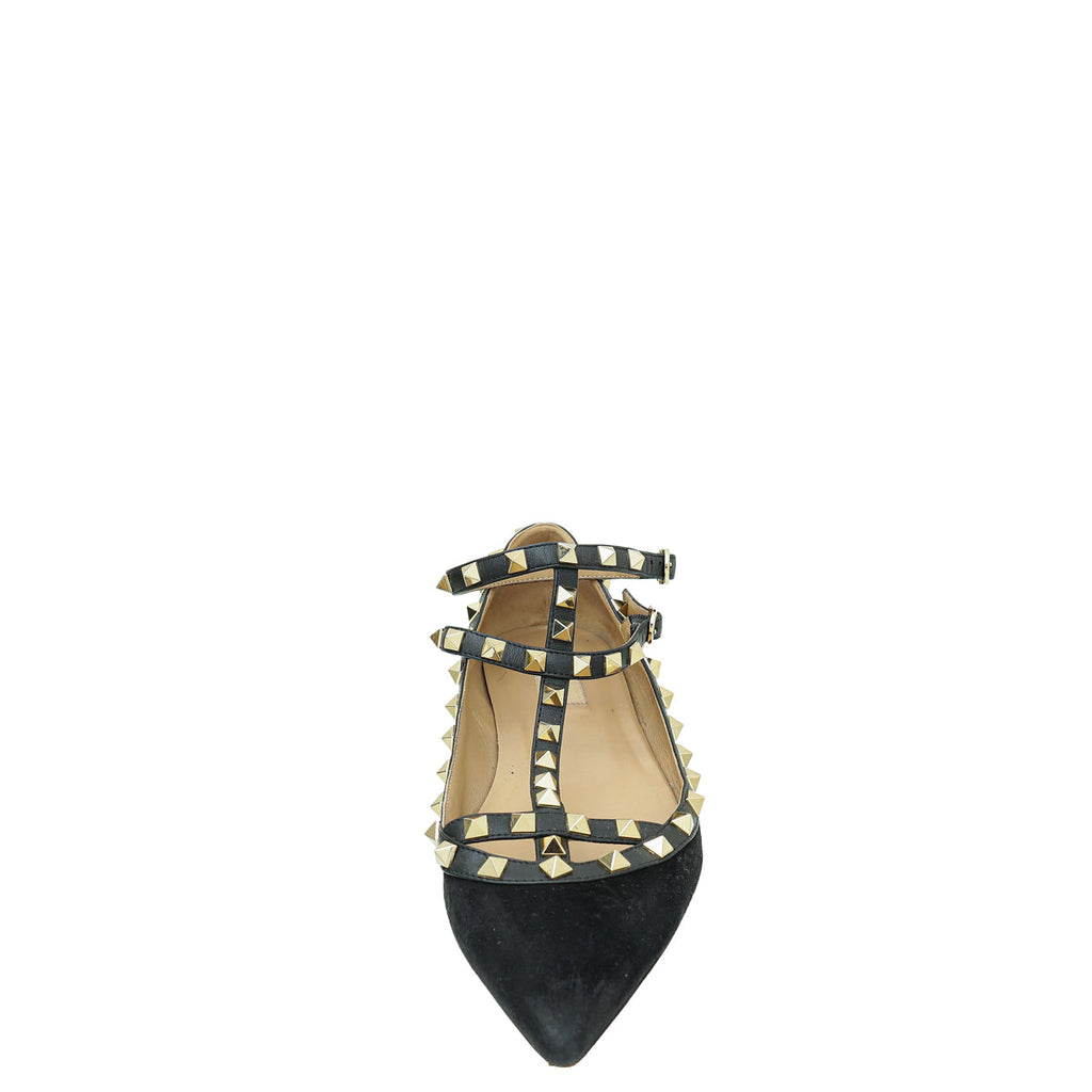 Valentino Black Rockstud Caged Ankle Strap Flats 40
