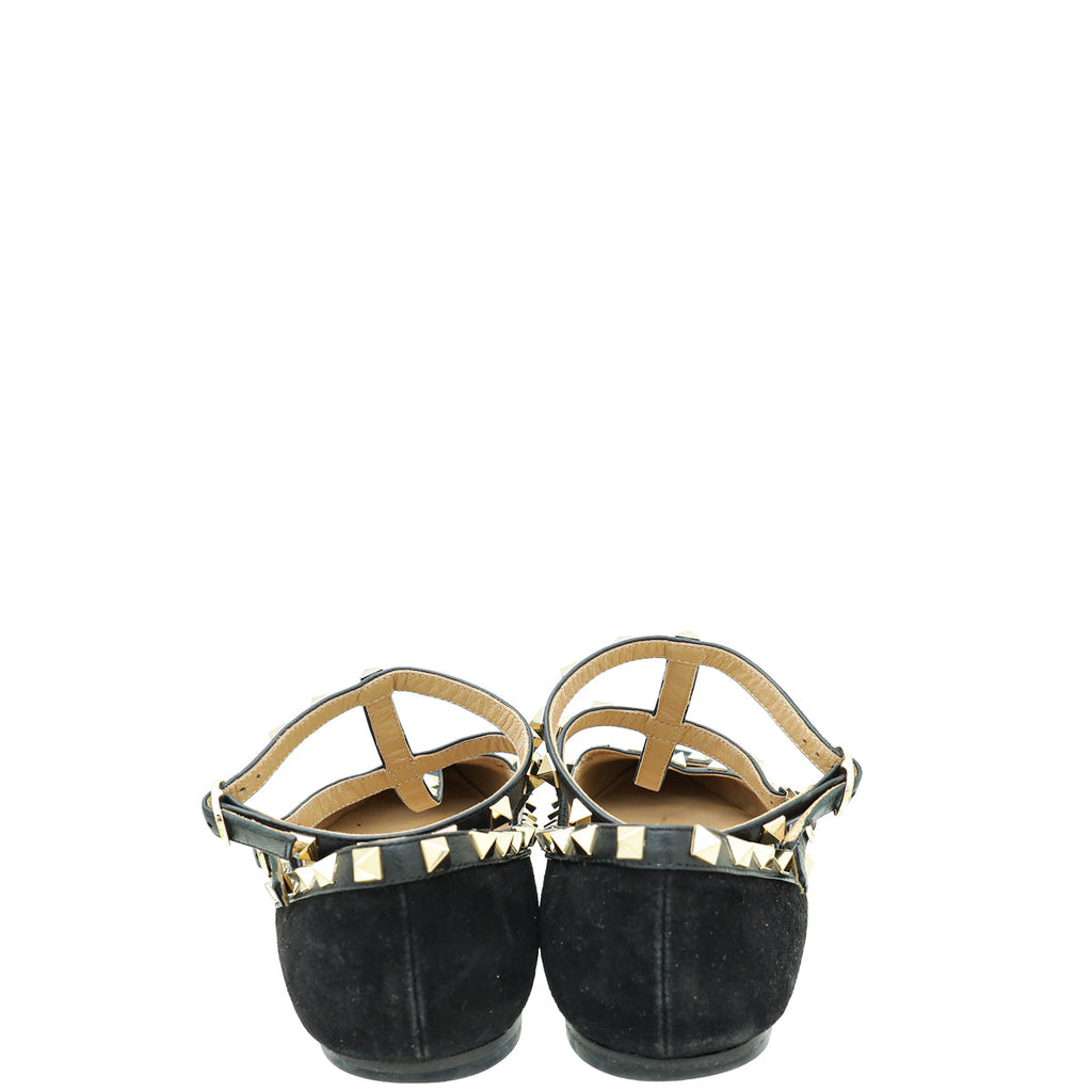 Valentino Black Rockstud Caged Ankle Strap Flats 40