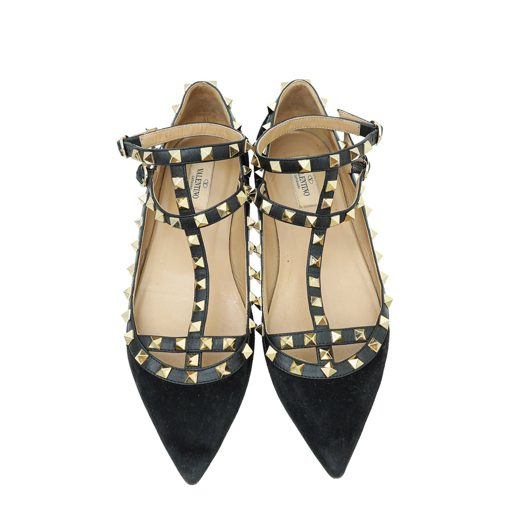 Valentino Black Rockstud Caged Ankle Strap Flats 40