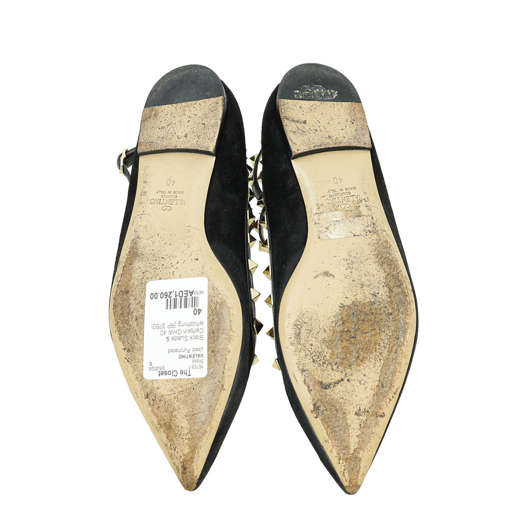 Valentino Black Rockstud Caged Ankle Strap Flats 40