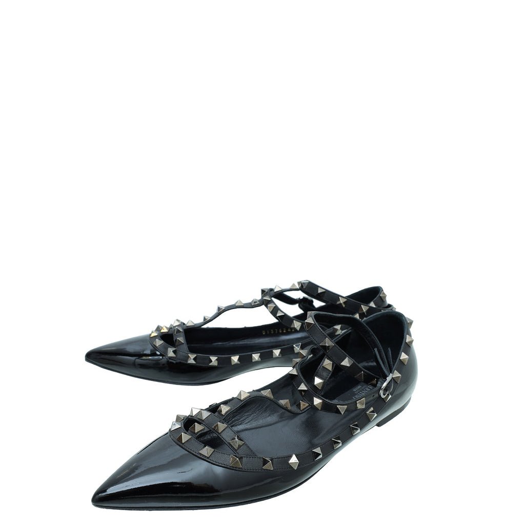 Valentino Black Rockstud Caged Ankle Strap Flats 42