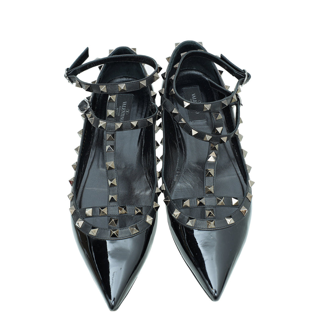 Valentino Black Rockstud Caged Ankle Strap Flats 42