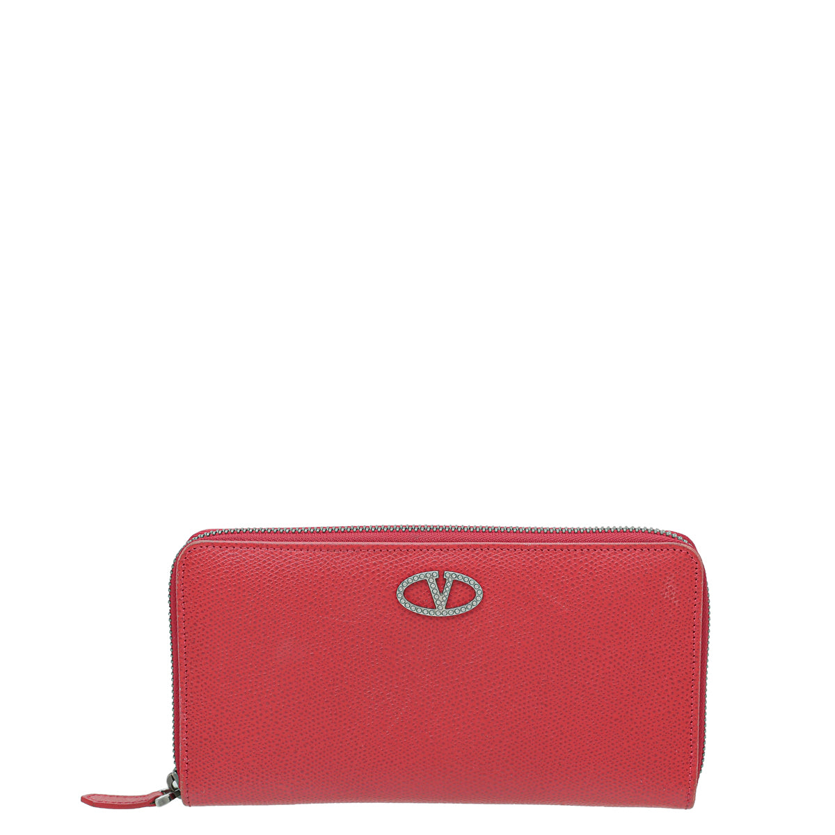 Valentino Red Crystal V Logo Zippy Wallet
